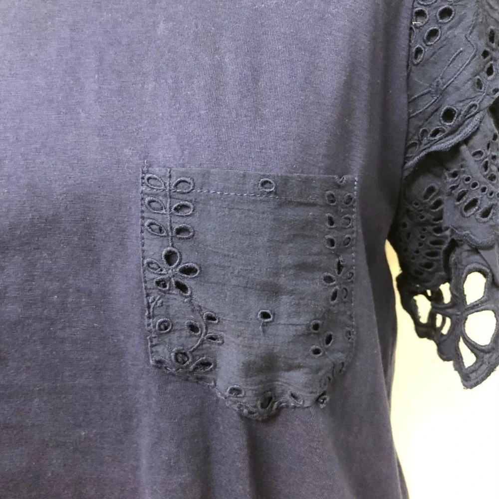 Free People T-Shirt Women Small Navy‎ Blue Eyelet Ruffle Sleeve Pocket Tee